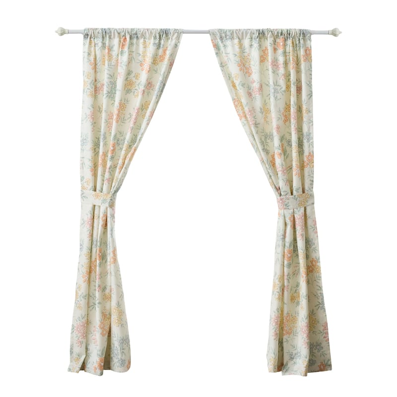 Loso 2 Panel Curtain Set, Microfiber, Soft White Green Floral Pattern