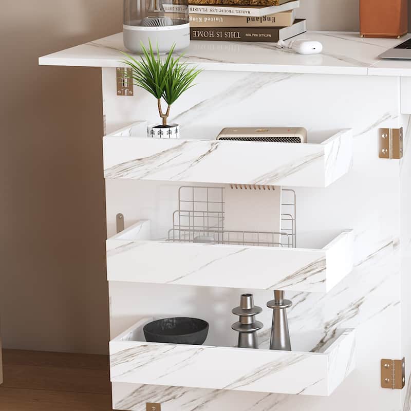 Foldable Sewing Table with Storage, 57.5" Craft Station with Locking Casters, Adjustable Cabinet & Shelves