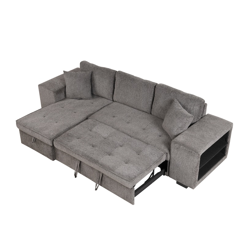 Grey 104.5" Charcoal L-Shaped 3-Seater Convertible Sofa with Pull-Out Bed, Storage Chaise, and 2 Convenient Stools