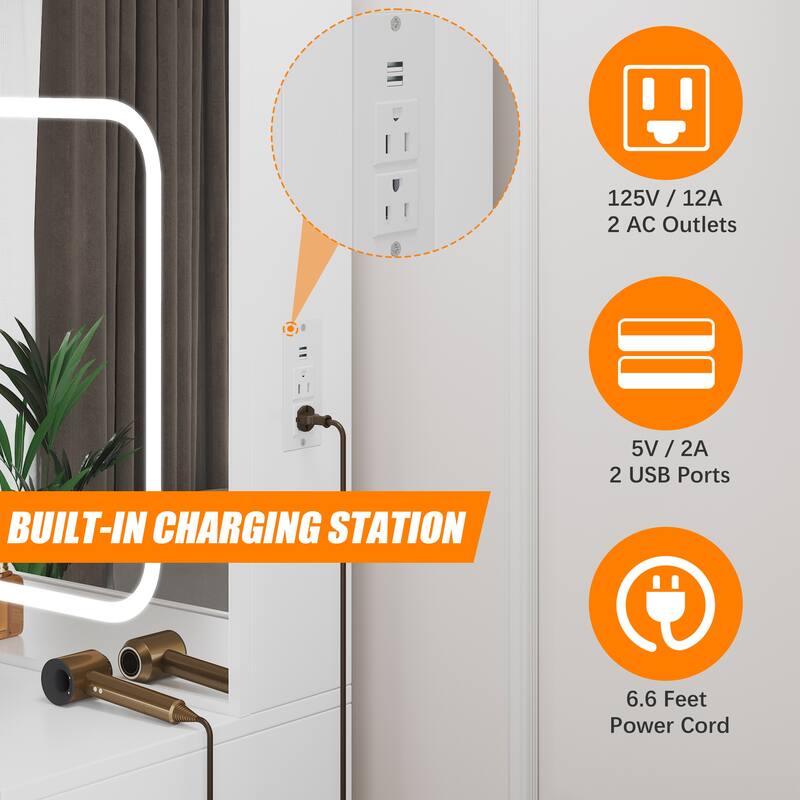 Vanity Desk with Mirror and LED Lights, Makeup Vanity Desk with Sliding Lighted Mirror & Charging Station