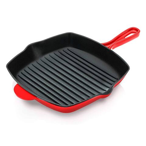 NutriChef 11 Inch Square Cast Iron Skillet with Porcelain Enamel Coating, Red