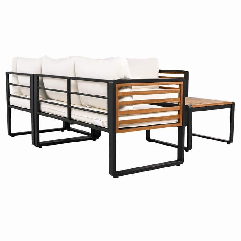 4-Piece L-Shaped Outdoor Patio Sectional Sofa Set with Metal and Wood Frame and Soft Cushions for Comfortable Seating