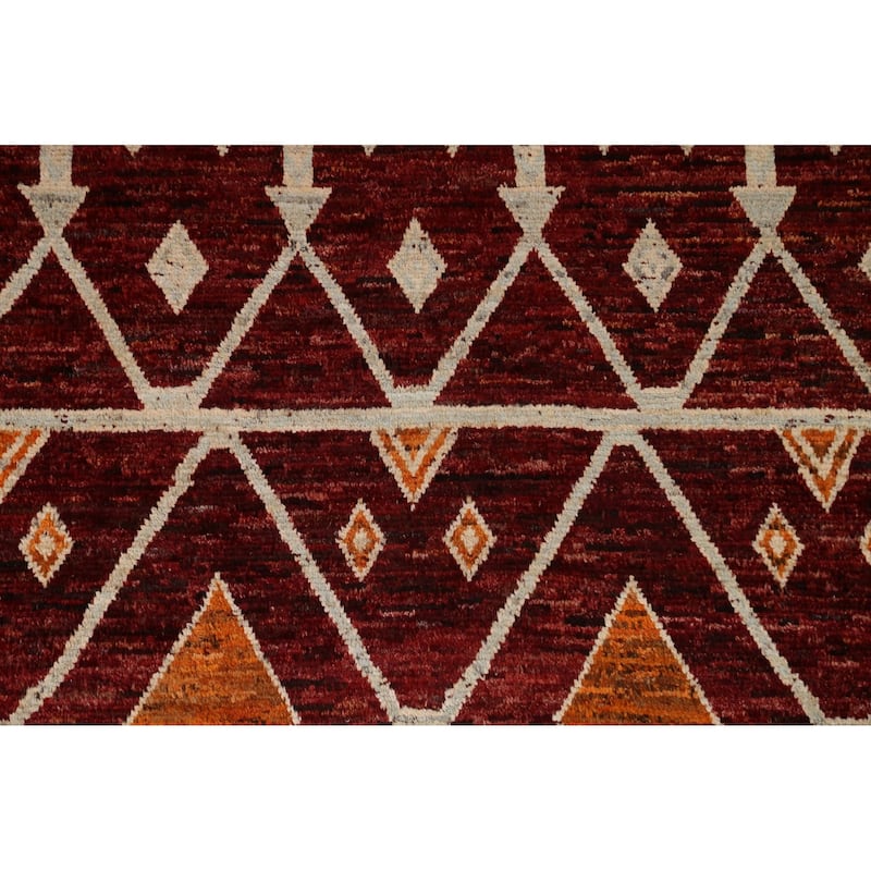 Hand Knotted Oriental 100% Wool Carpet Modern Geometric Red Moroccan Area Rug - 9' 10'' X 6' 8''
