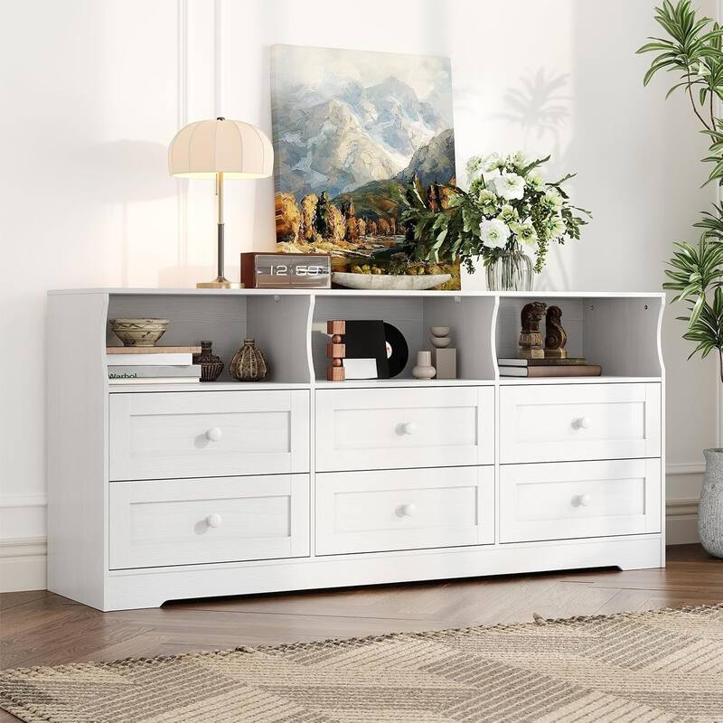 6 Drawer Dresser TV Stand for Bedroom with Charging Station & LED Lights - White
