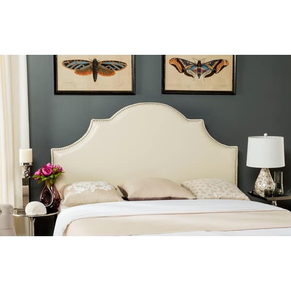 slide 1 of 3, SAFAVIEH Hallmar White Leather Upholstered Arched Headboard - Silver Nailhead (King)