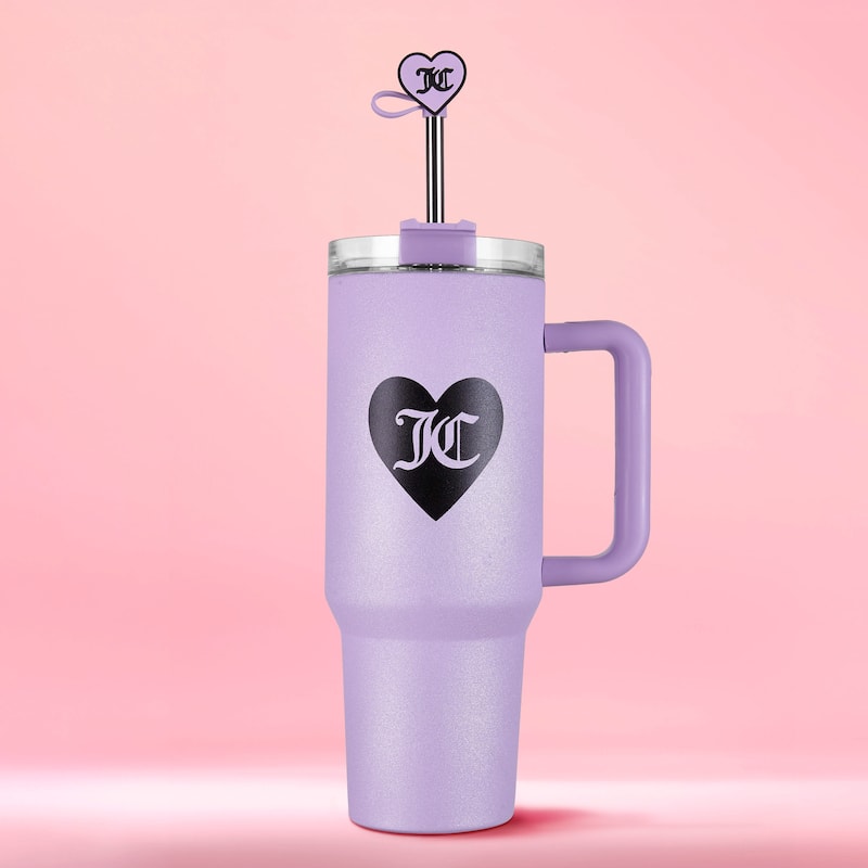 Juicy Couture Jetsetter Hydration Stainless Steel Tumbler with Handle and Straw With Topper - 40oz - Glitter Lavender