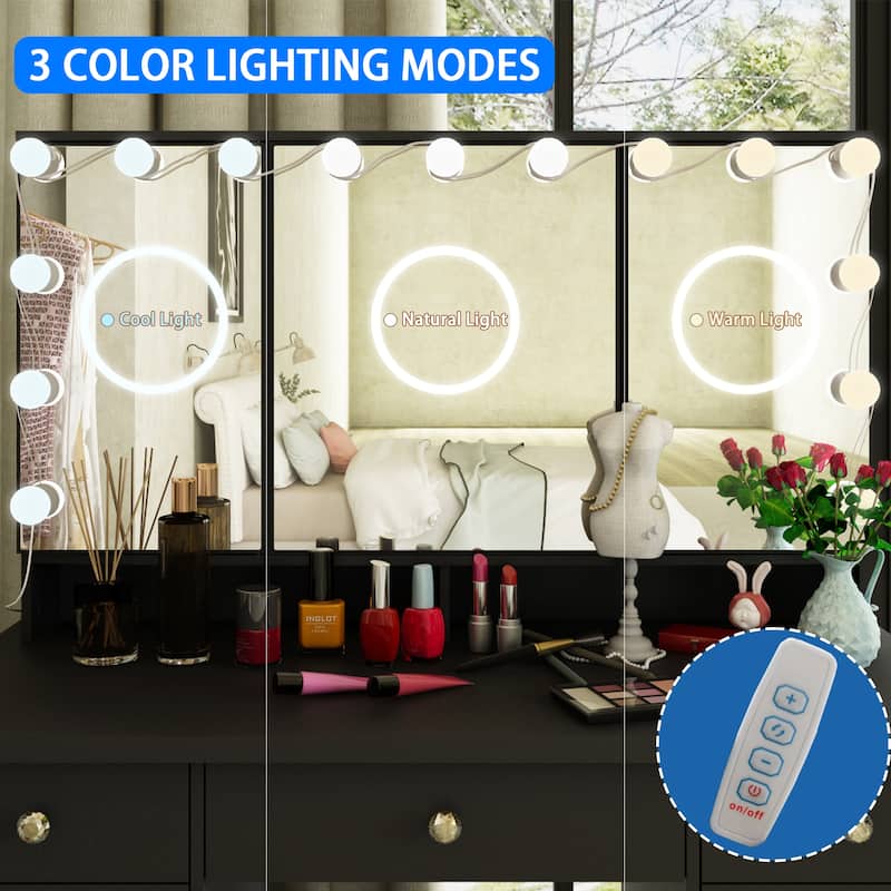 White Makeup Vanity - LED Mirror, USB-Powered Lights, Dresser Table