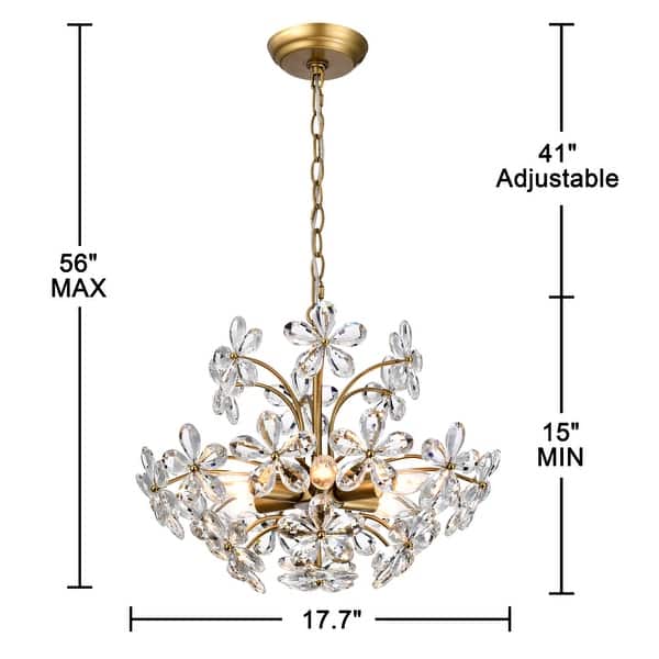 dimension image slide 1 of 2, Rosa 6-Light Brushed Brass Finish Crystal Glass Flower Chandelier - 17.7 inches in diameter x 15 inches H