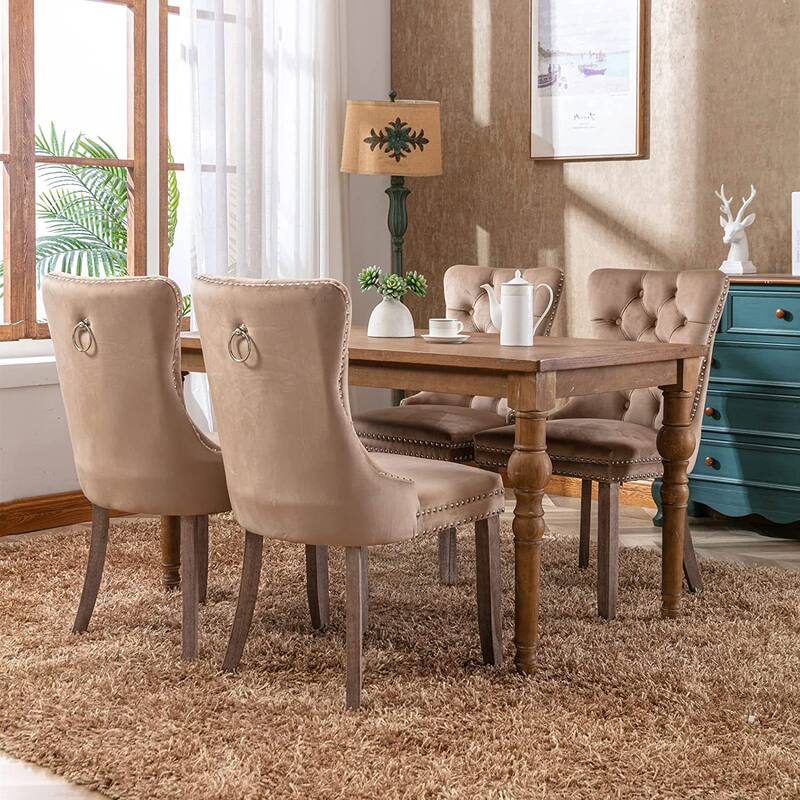 Set of 2 Velvet Dining Chairs – Tufted Upholstered Armless Accent Chairs with Nailhead Trim & Back Ring Pull