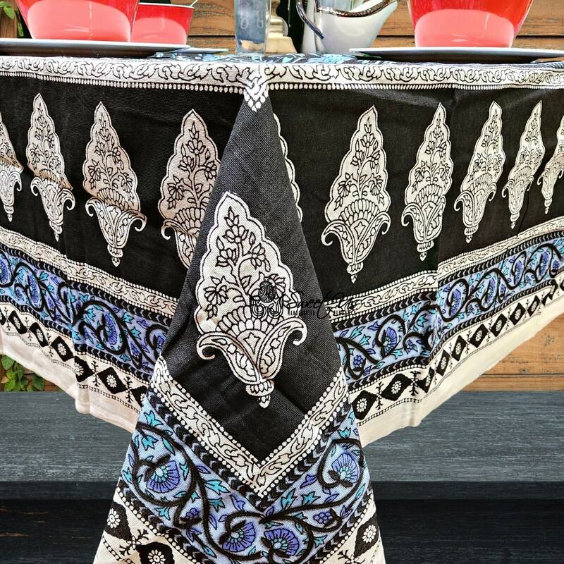 Cotton Floral Tablecloth for Rectangle Tablecloth - 86 x 102 in. - Black
