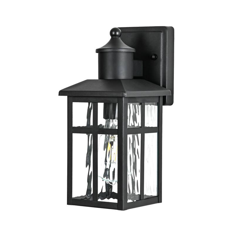 12 in. Black 1-Light Outdoor Wall Lantern Sconce with Water Wave Glass Shade