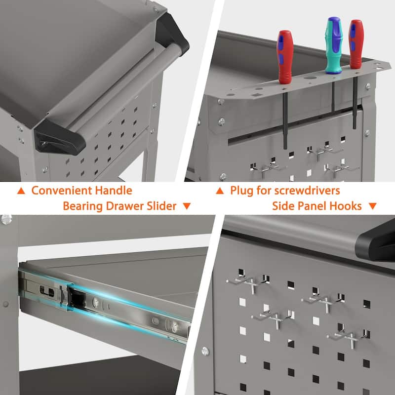 3-Tier Rolling Tool Cart on Wheels for Mechanics with Utility Drawer