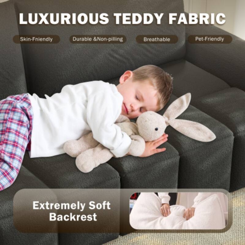 90.2 Inch King 3-in-1 Sleeper Sofa with Seat Storage, Modern 4-Seater Convertible Teddy Fabric Couch