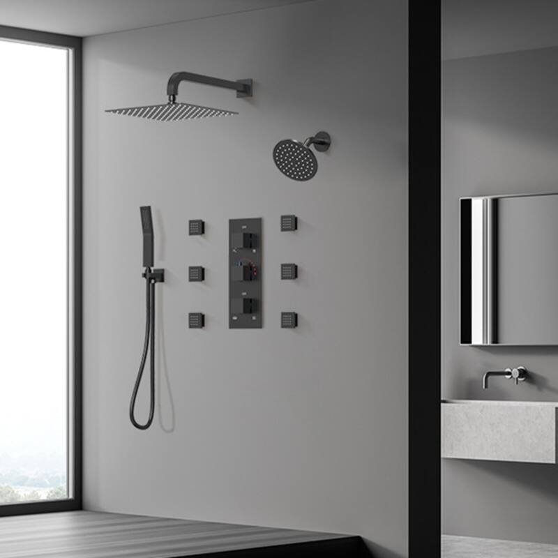 Thermostatic Dual Shower System 12" and 6" Rainfall Shower Head with 6 Body Jets & Handheld Shower