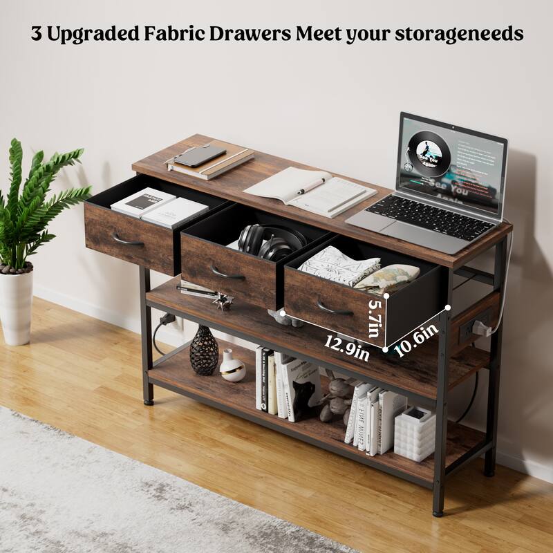 43.3" Console Table with 3 Fabric Drawers, Power Outlets & USB Ports