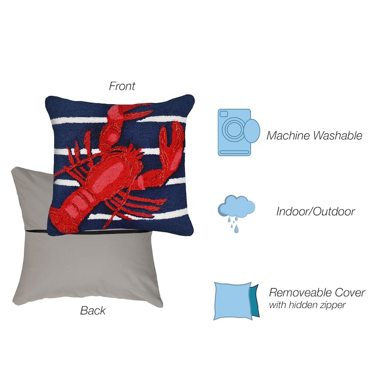 Liora Manne Frontporch Lobster On Stripes Indoor/Outdoor Pillow Navy 18" Square