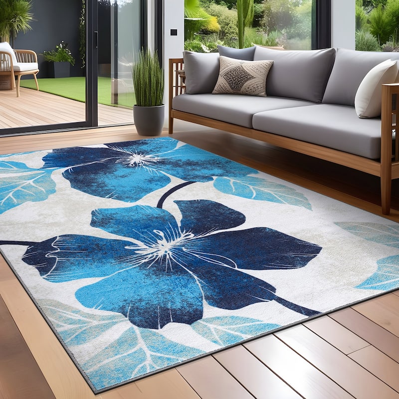 Bahamas Black White Floral Non-Slip Rubber Back Indoor Area Rug