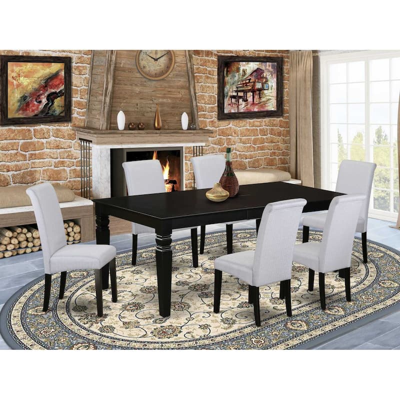 Victorian Dining Room Set - 7 Piece Table & Chairs - Grey Linen Fabric Parsons Chairs - 42x84 Inch Rectangle Table