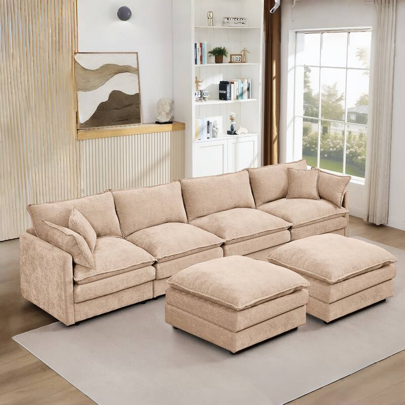 U Shaped Modular Sectional Sofa with Movable Ottoman, Comfy Chenille 4-Seater Cloud Couch, High-Resiliency Foam Deep Seat Sofa - Coffee