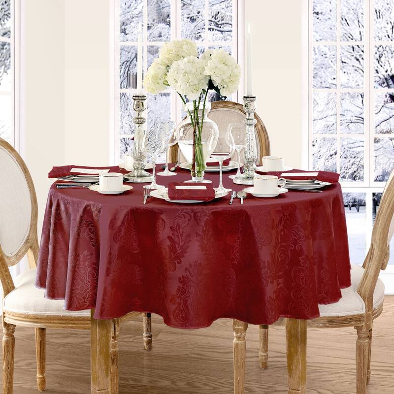 Elrene Barcelona Damask Elegant Fabric Tablecloth - 90" round - Burgundy