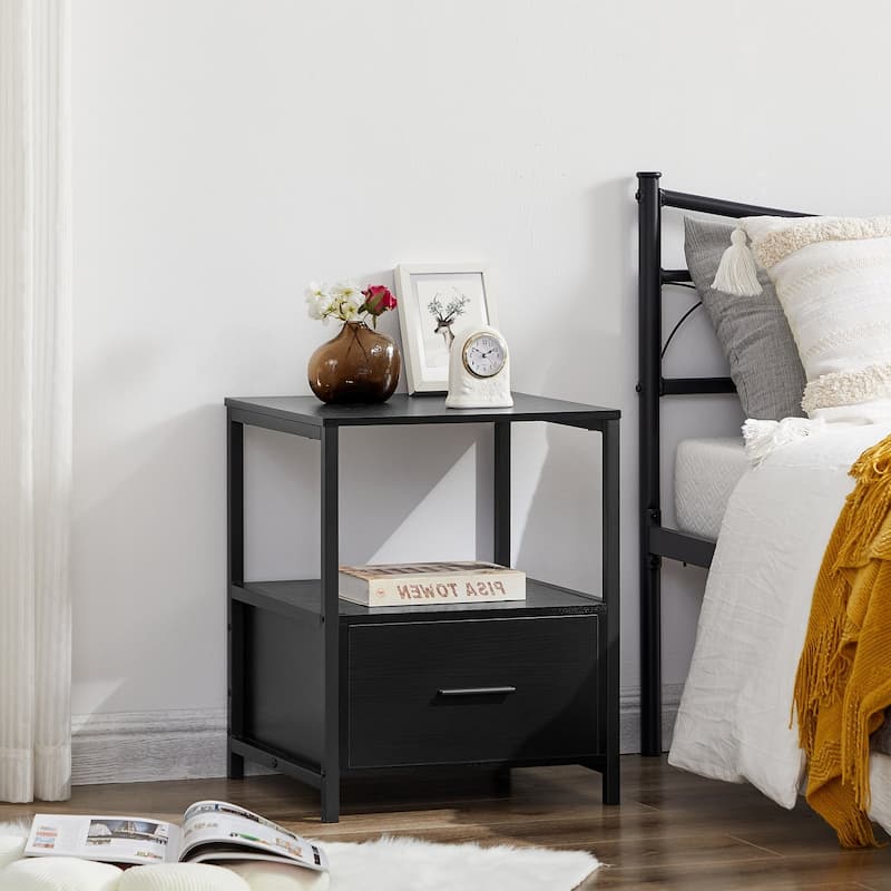 Javlergo Square Design Nightstand with Open Shelf and Drawer Multiple Storage for Bedroom or Living Room End Table