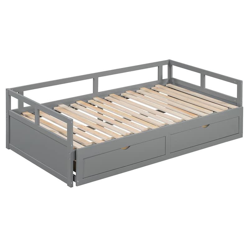 Pine Wood Daybed with Pull-Out Trundle and Two Storage Drawers, Twin to King - Gray - Twin