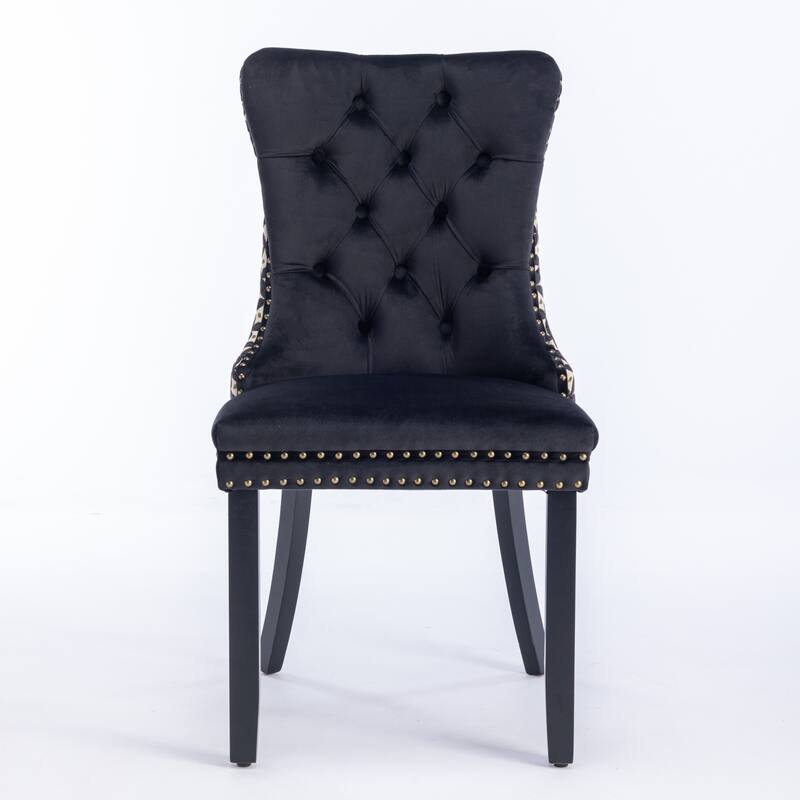Set of 2 Velvet Upholstered Dining Chairs with Nailhead Trim and Wooden Legs