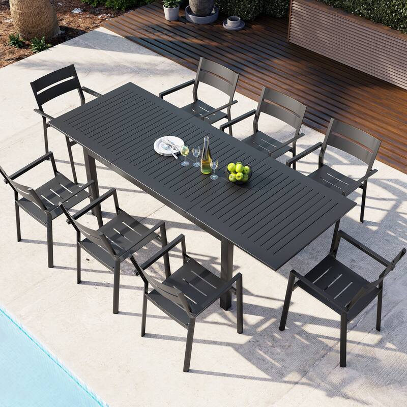 9-Piece Outdoor Aluminum Patio Expandable Dining Table Set with Stackable Chairs