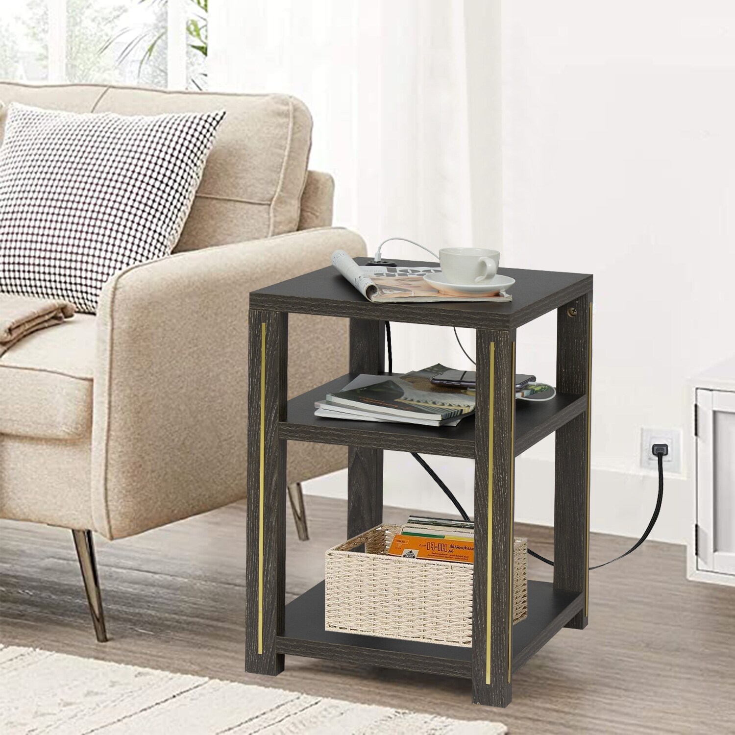 End Table with Charging Station Wood Night Stand with USB Ports