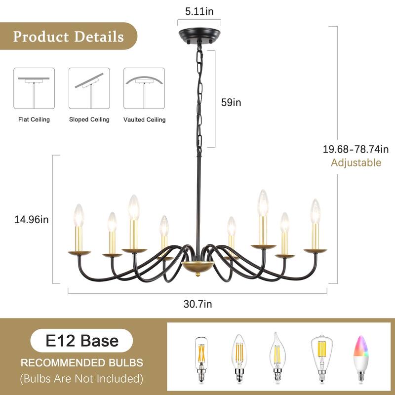 8-Light 30.7 in. Farmhouse Chandeliers for Bedroom Living Room Study