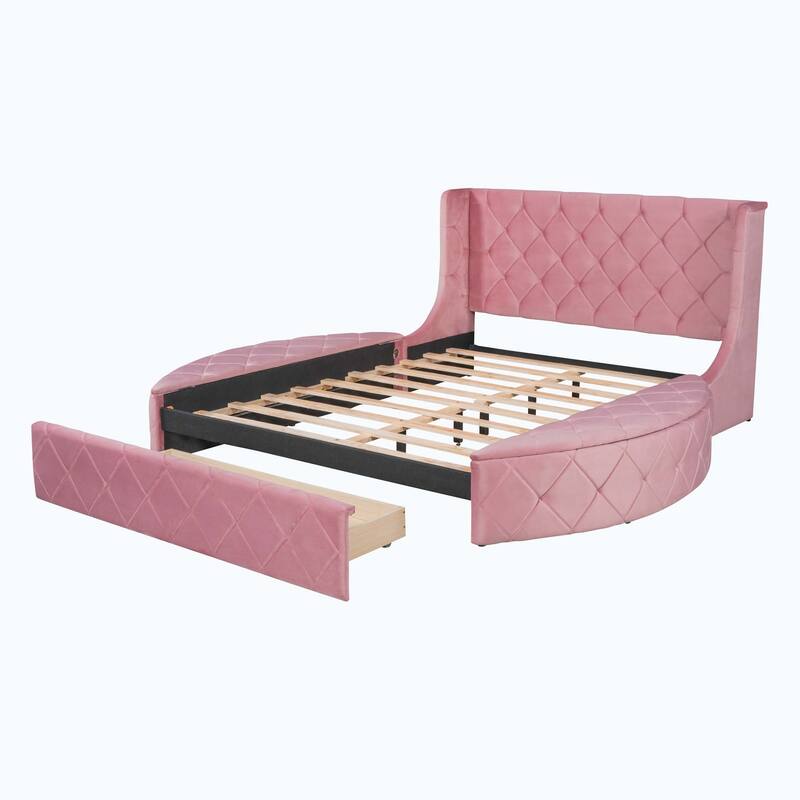 Queen Size Upholstered Platform Bed with Wingback Headboard and 1 Big Drawer,2 Side Storage Stool