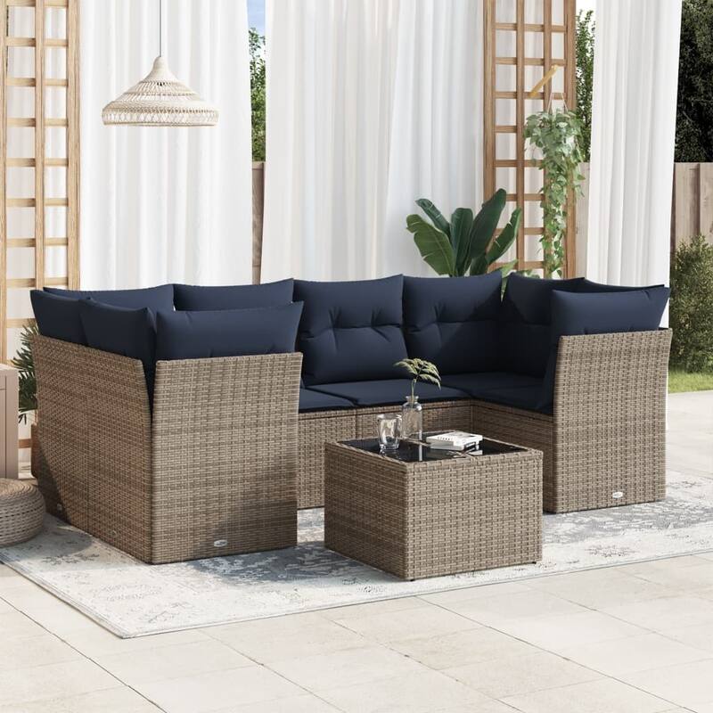 vidaXL 7 Piece Patio Sofa Set with Cushions Brown/Gray Poly Rattan - 24.4 x 24.4 x 27.2 - Gray  - form2