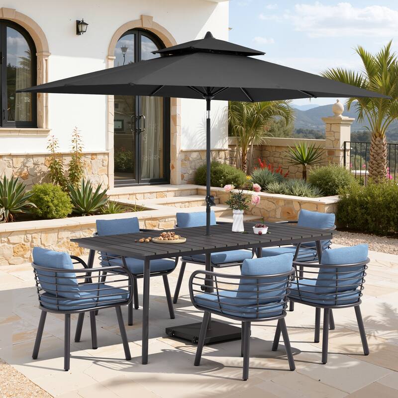 9-Piece Outdoor Patio Dining Set w/10 ft Umbrella and Base Aluminum Dining Table and Chairs with Sunbrella Cushion - Black Table with Black Umbrella