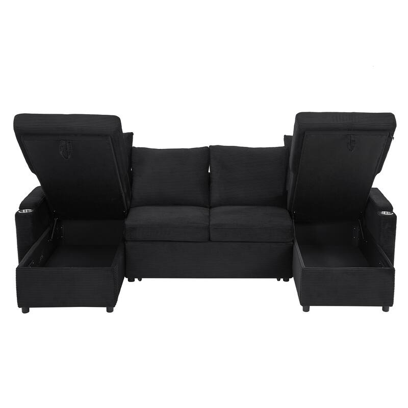 U-Shaped Sectional Sofa Convertible Sleeper Sofa with Dual Storage Chaise Lounges, Cup Holders, USB, Storage Boxes and Pockets
