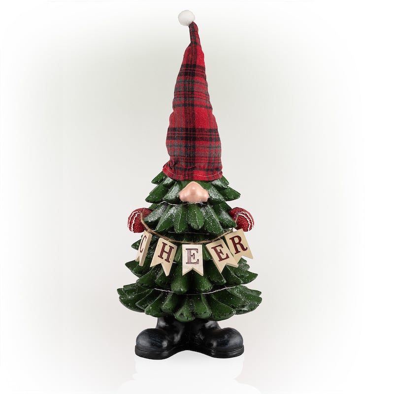 Alpine Corporation 28"H Polyresin Christmas Tree Gnome Decoration with Color Changing LED Lights