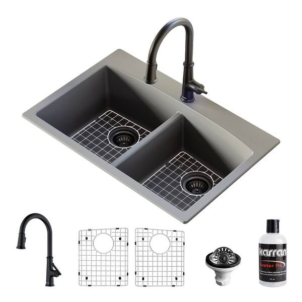 slide 2 of 10, Karran Drop-In Quartz Composite 33 in. 1-Hole 50/50 Double Bowl Kitchen Sink in Grey with Kitchen Faucet in Matte Black