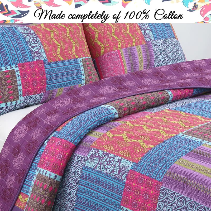 Cozy Line Aldiana 3-Piece Purple Patchwork Reversible Cotton Quilt Bedding Set