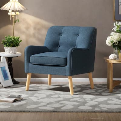 Polyester Mid-Century Armchair with Button-Tufted Back, Solid Wood Legs and High-Density Foam Seat