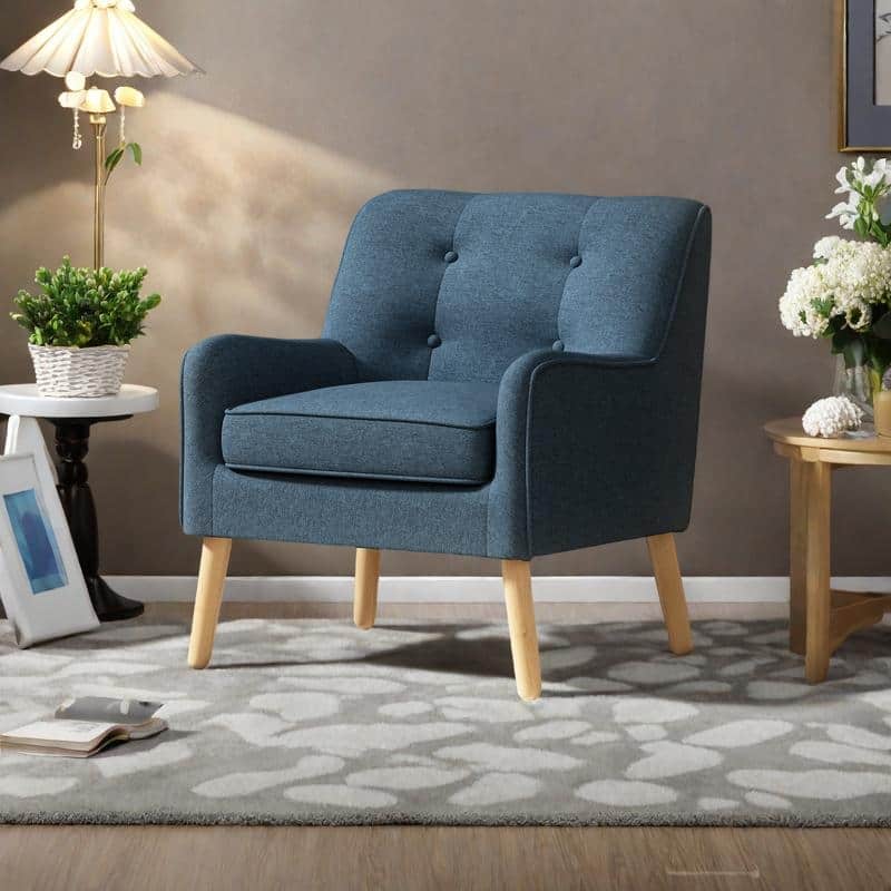 Polyester Mid-Century Armchair with Button-Tufted Back, Solid Wood Legs and High-Density Foam Seat