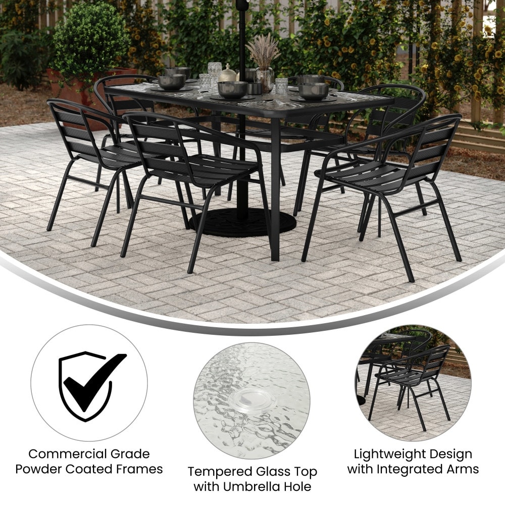 4 piece metal and glass umbrella patio set Arlopu 5 Pieces Outdoor Dining Set, Table Textilene Chair Dine alfresco in the comfort of your own home with this large rectangular glass patio table Outsunny Garden Soire: 6-Piece Gray