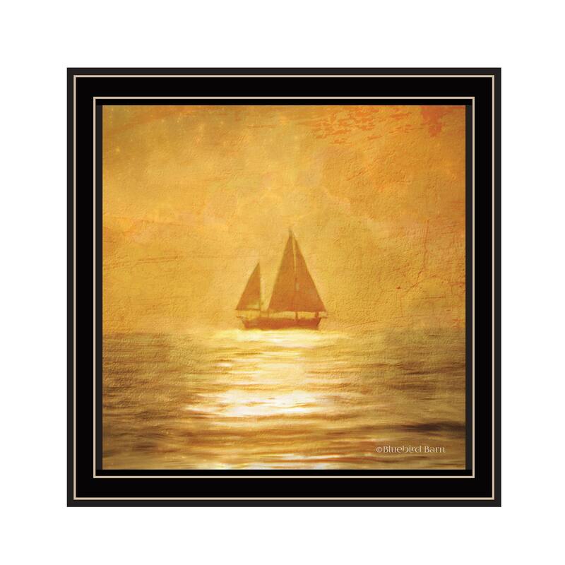 TrendyDecor4U Contemporary "Solo Gold Sunset Sailboat" Framed Print Wall Art - Multi