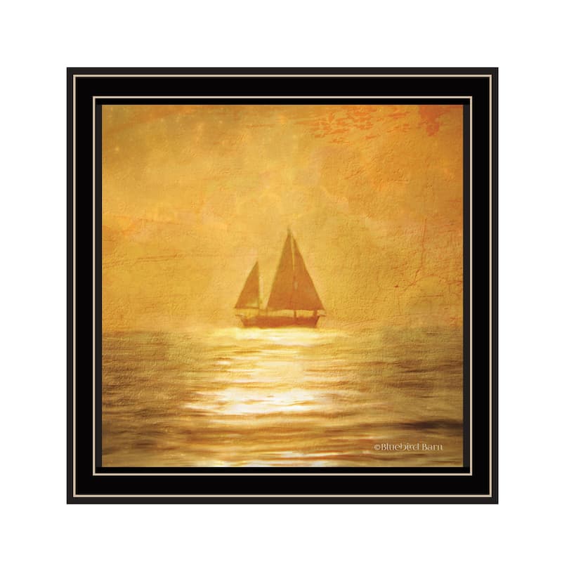 TrendyDecor4U Contemporary "Solo Gold Sunset Sailboat" Framed Print Wall Art - Multi
