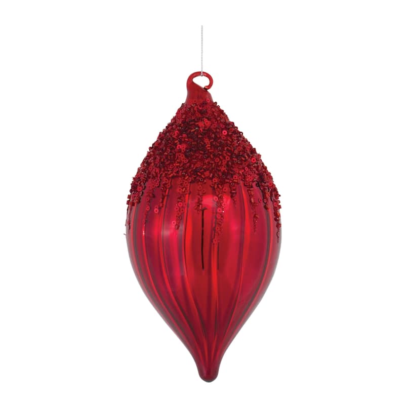 Set of 4 Red Sequined Glass Ball and Drop Christmas Ornaments 8"