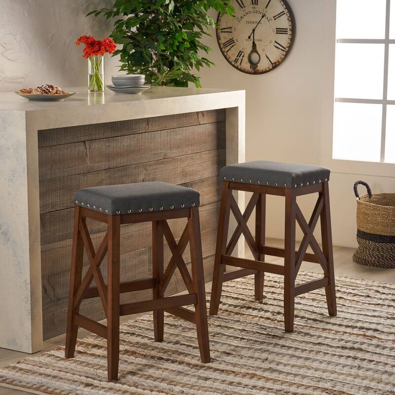 Nailhead Trim Bar Stool, X-Wooden Bar Chair Set, Fabric Upholstered Dining Chair, Backless Island Dining Chair (2-Pcs Set) - Charcoal