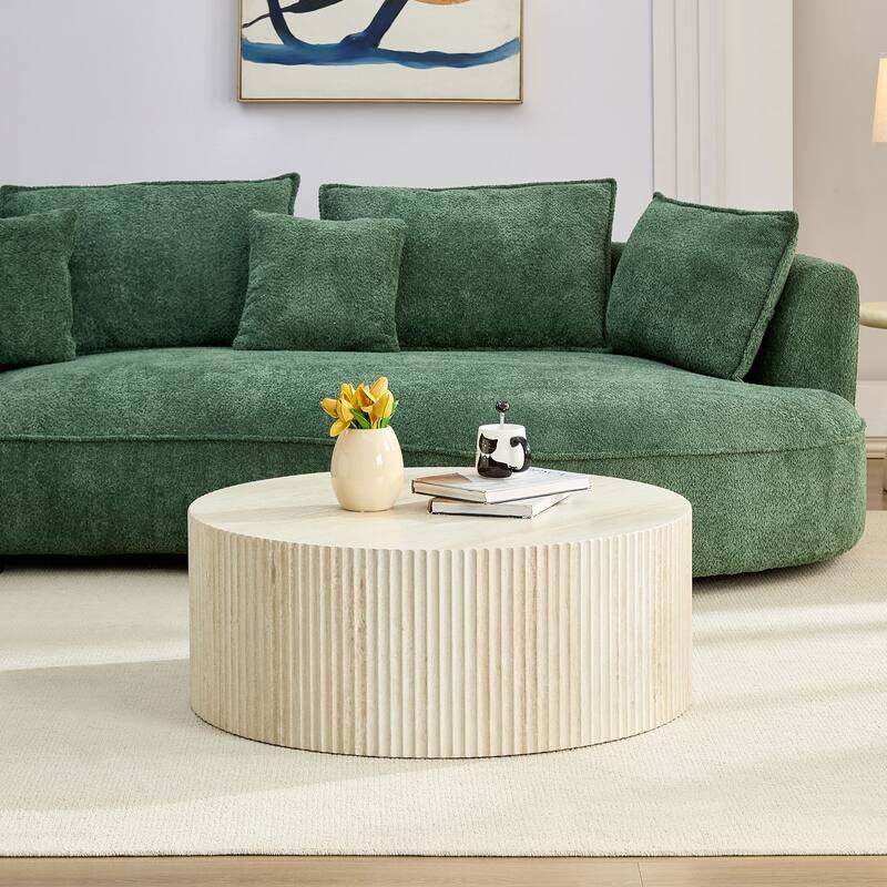 Faux travertine Round Coffee Table with Eye-Catching Relief Design, Travertine