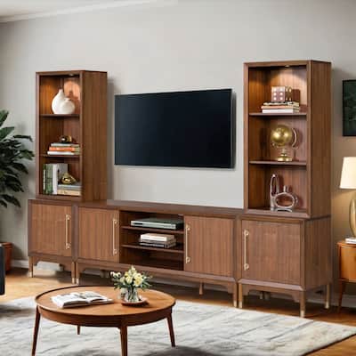 Furniture of America Forma Mid-Century Modern Walnut 5-Piece 118-inch Entertainment Center with LED Lights and 21 Shelves