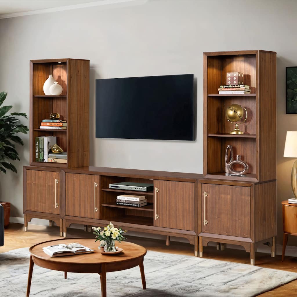 Furniture of America Forma Mid-Century Modern Walnut 5-Piece 118-inch Entertainment Center with LED Lights and 21 Shelves