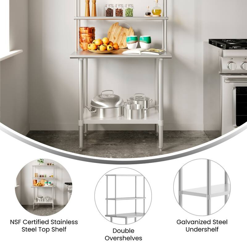 Commercial Stainless Steel Worktable with 2 Overshelves and 1 Undershef