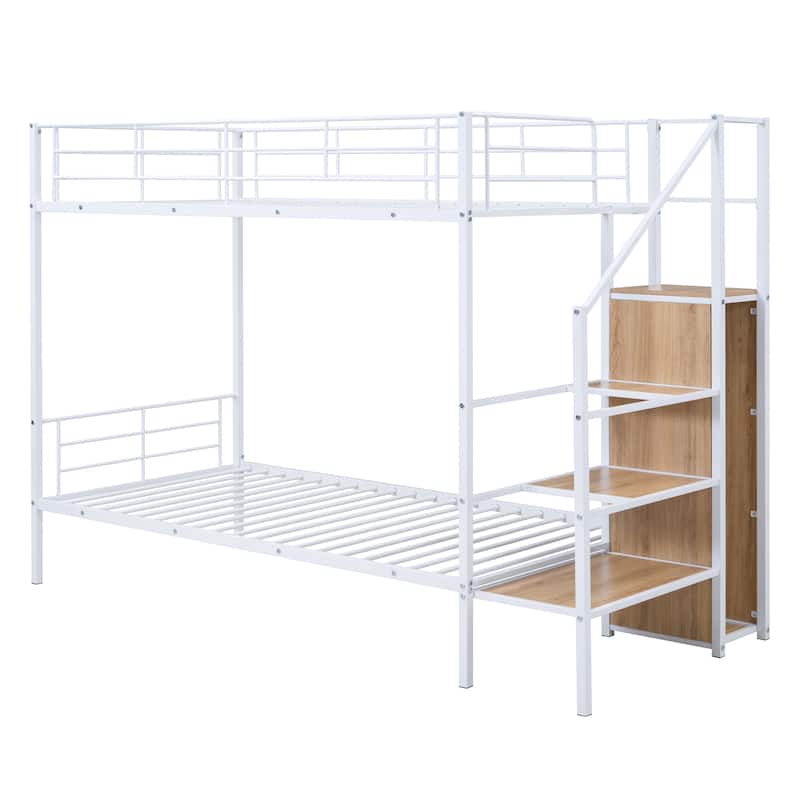 Twin Over Twin Metal Bunk Bed with Lateral Storage Ladder and Wardrobe