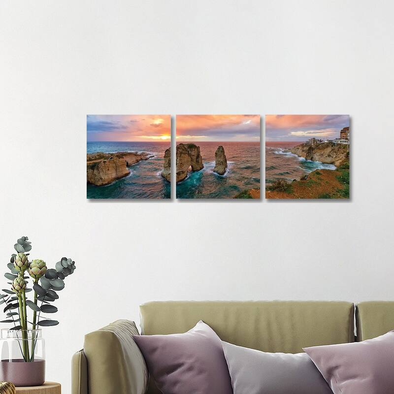 iCanvas "Sunset at the Raouche Coast, Beirut, Lebanon" by Panoramic Images 3-Piece Canvas Wall Art Set - 16x48x1.5